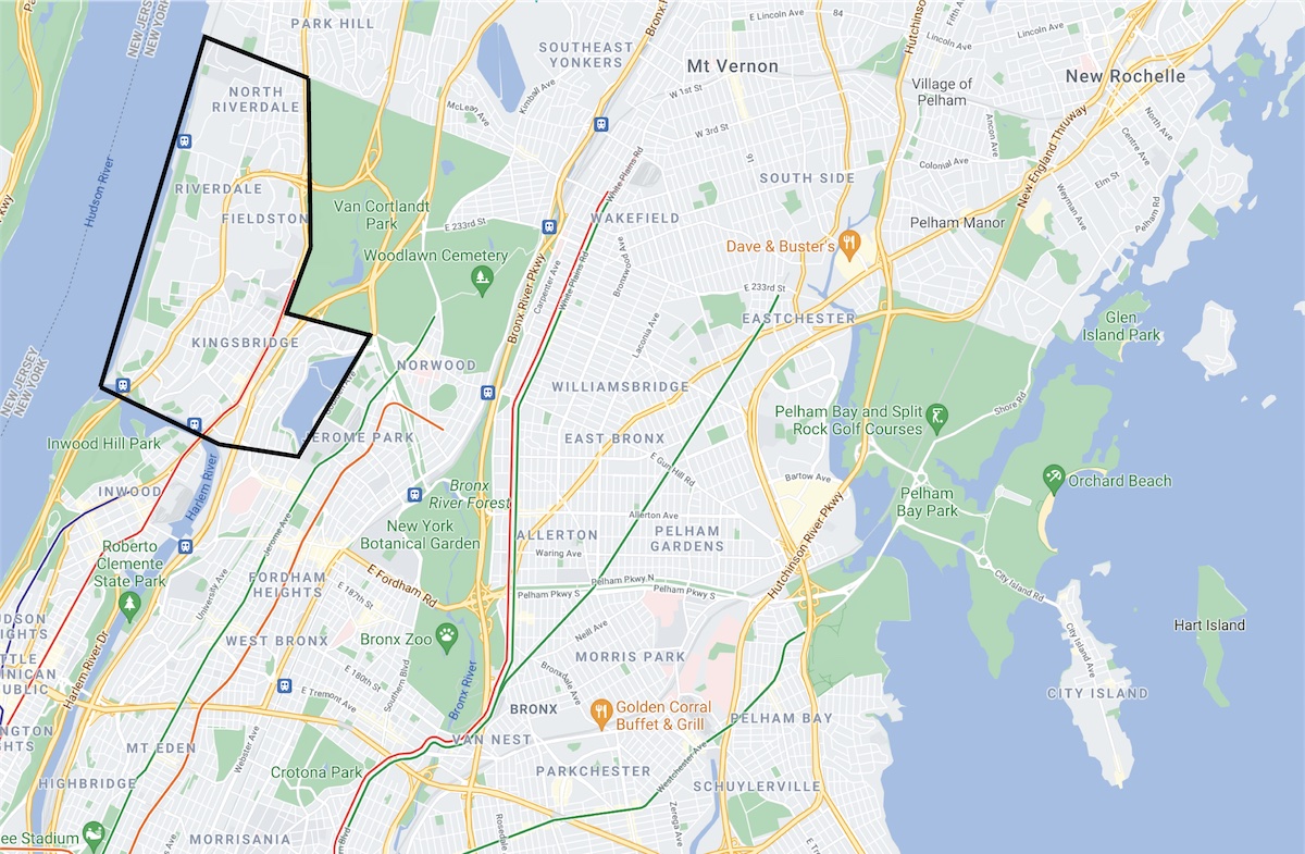 Map of the greater Riverdale area in the Bronx