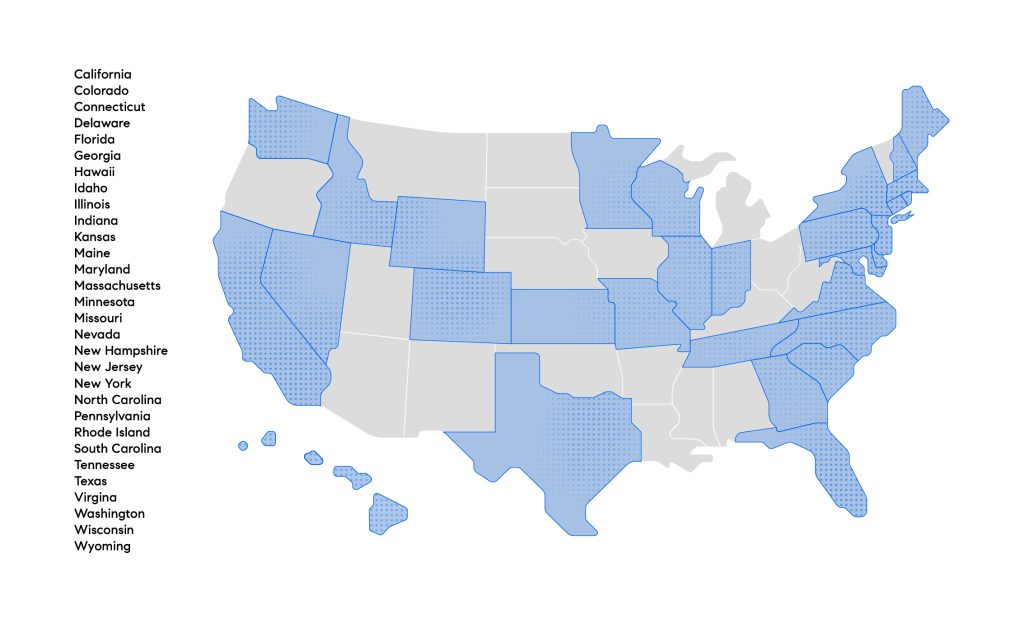Map of states where Compass real estate currently has offices across the U.S. 