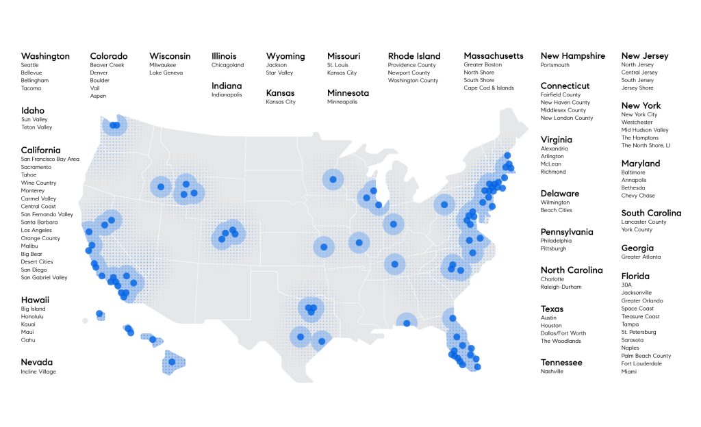 Map of cities and markets where Compass Real Estate currently has offices.