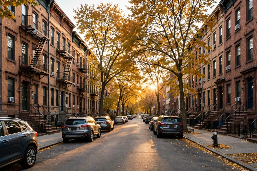 Brick rowhouses on a sunlit Bronx street in autumn