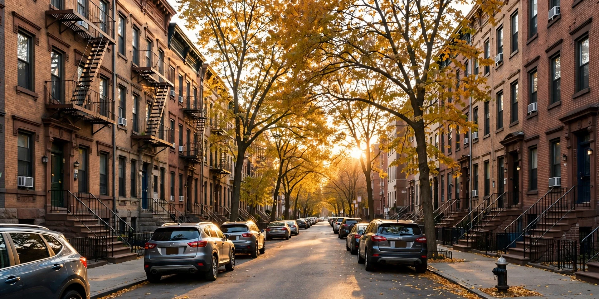 Brick rowhouses on a sunlit Bronx street in autumn